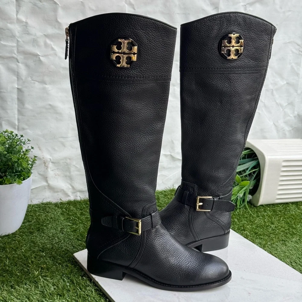 Tory Burch Adeline tall Riding Boots tumbled black leather women’s size 5.5 New